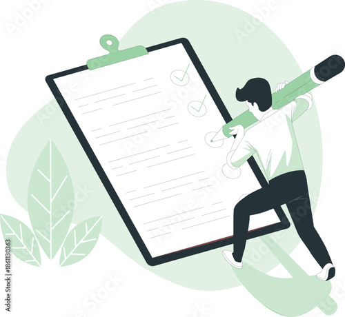 Person checking a large document with a magnifying glass in a green environment