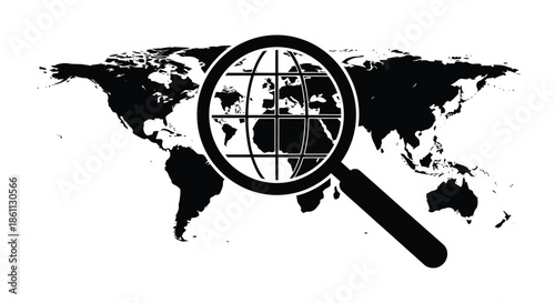 A world map with a magnifying glass examining continents rendered as a bold silhouette