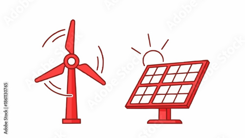 Red wind turbine and solar panel illustration representing renewable energy sources.