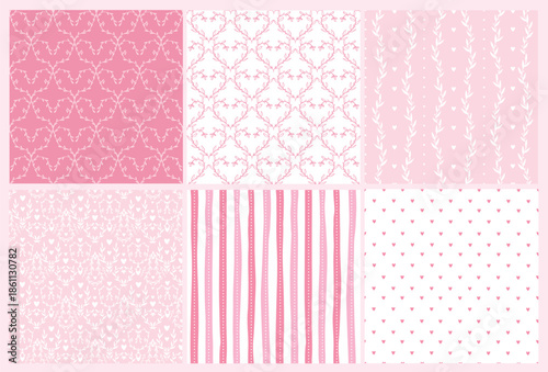 Valentine's day seamless patterns collection with elegant floral elements and hearts for wallpapers, wrapping papers, backgrounds, textile prints, scrapbooking, stationery. EPS 10