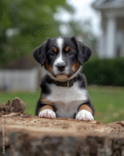 Curious puppy sits on log