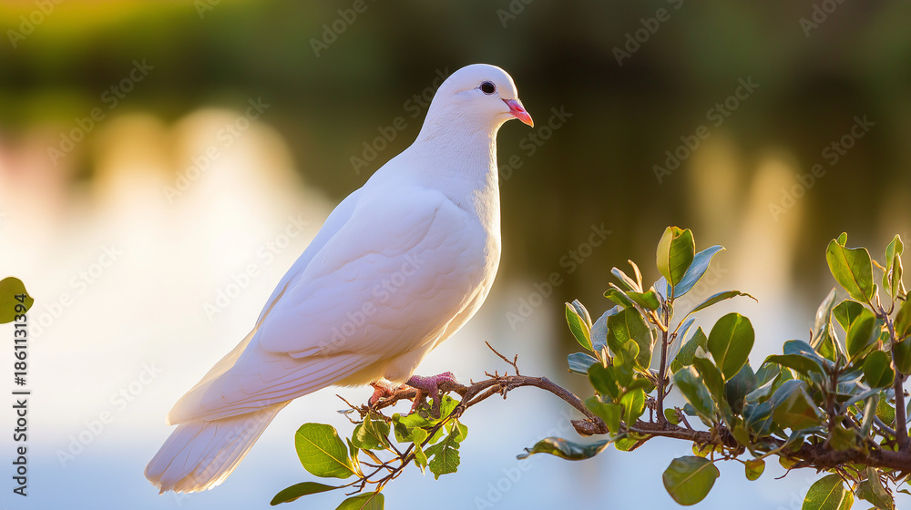 Obraz premium infamy. White dove perched on olive branch against calm lake at dawn. wildlife magazines, conservation campaigns, designed for wildlife conservation campaigns, used by retail merchandisers.