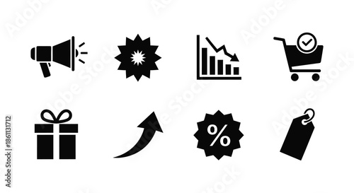 A collection of black marketing and sales icons displayed in a simple silhouette