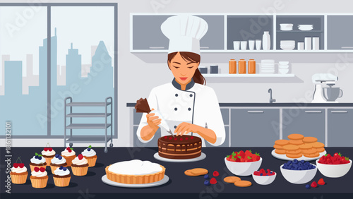 Vector Illustration of a Chef Decorating a Chocolate Cake with Berries and Pastries in a Modern Kitchen Setting