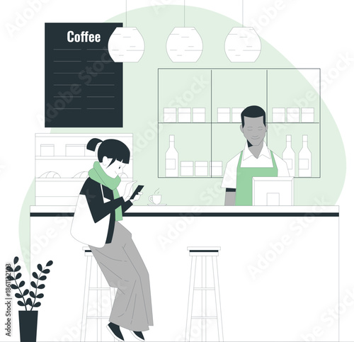 A woman using her phone at a coffee shop counter with a barista standing behind it