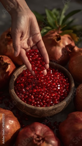 Hand adding pomegranate seeds to bowl