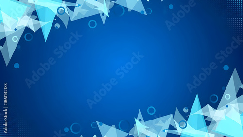 Vibrant blue geometric background with dynamic triangles and circles for modern designs.