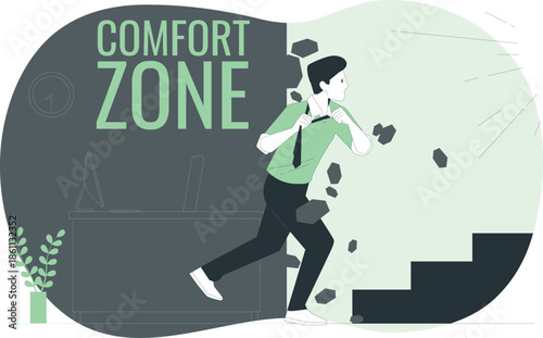 A man in a green shirt breaking through a dark wall into a lighter zone, symbolizing comfort and freedom