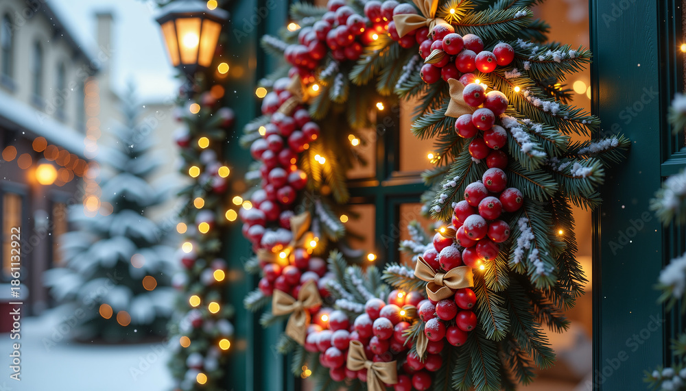 Fototapeta premium Christmas wreath adorned with red berries and festive lights displayed on a doorway surrounded by snow-covered trees in a winter setting for seasonal decoration ideas