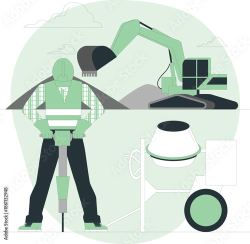 Engineer operating heavy machinery at a construction site with various equipment nearby