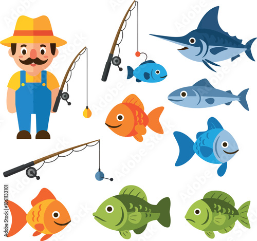 Cute Cartoon Fisherman Character with Fishing Rods