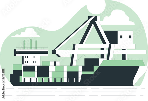 Cargo ship being loaded with containers in a busy industrial harbor scene viewed from the side