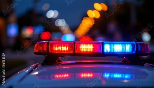 blurred police lights at night with abstract red and blue bokeh, symbolizing emergency response or law enforcement action. High quality.