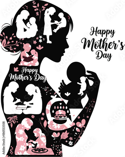Mother Silhouette with Scenes of Motherhood and Child Care Double Exposure Concept