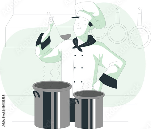 Chef cooking with large pots in a kitchen environment from a straightforward viewpoint