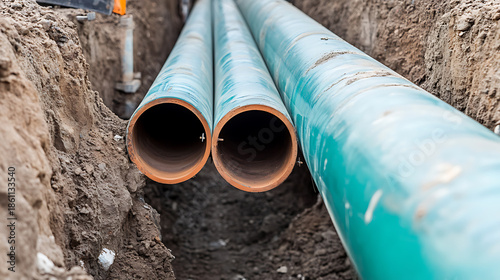 Wallpaper Mural Buried blue industrial pipes laying in the dark dirt, conveying vital resources and waste. Underground infrastructure for water, oil, or gas transportation. Torontodigital.ca