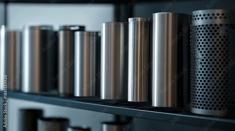 Obraz premium Arrangement of cylindrical objects on a shelf. Sleek, metallic containers stand side by side, differing in size and surface finish. A mix of solid and perforated designs.