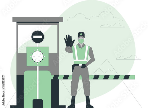 A traffic controller gesturing to halt traffic at a toll booth on a highway