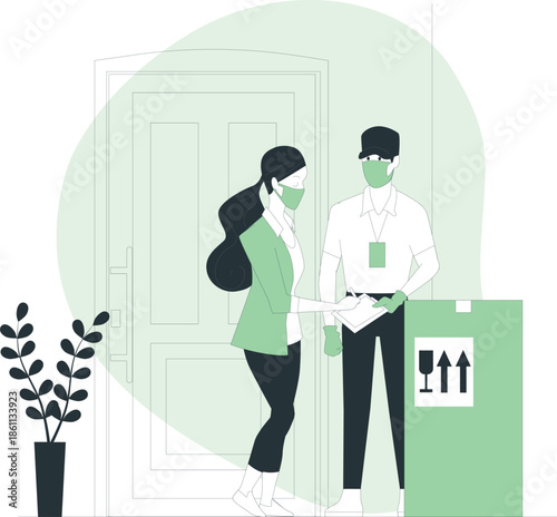 A masked delivery person hands a package to a recipient at the doorstep.