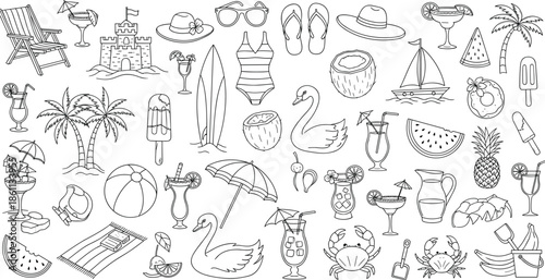 Summer beach vacation doodle icons set, tropical holiday travel symbols, hand drawn food and drink collection, cad drawing flat vector illustration