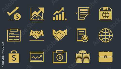 Golden business icons set for finance and investment projects