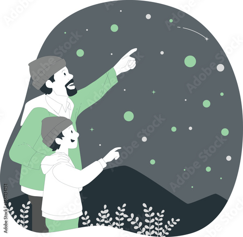 Man and child pointing at a starry night sky with a comet from a hilltop