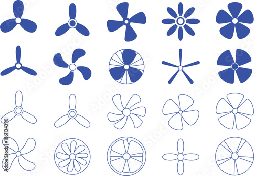 Collection of blue fan blades and propellers wind