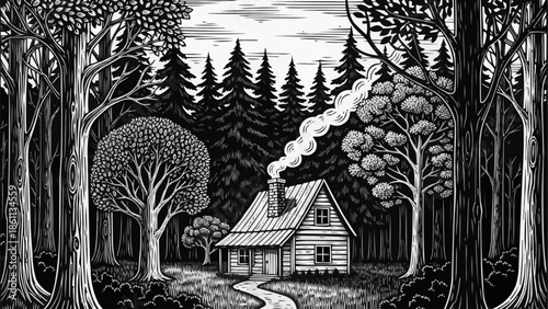 Rustic log cabin nestled deep within a dense forest.