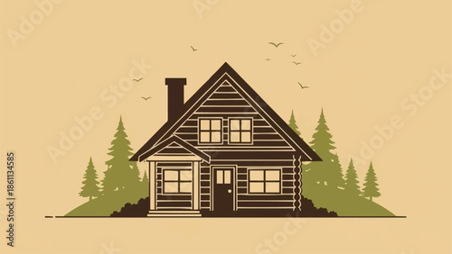 Rustic wooden cabin nestled among pine trees in a forest setting.