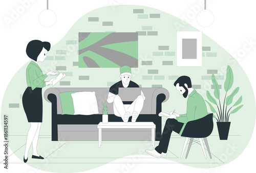 Three people interacting in a modern living room with a woman standing and two others sitting on a couch and chair.