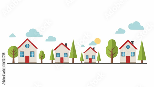 Row of cartoon houses with trees and clouds illustration.