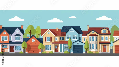 Row of suburban houses with trees and clouds in the background.