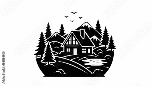 Rustic cabin nestled amongst pine trees and mountains.