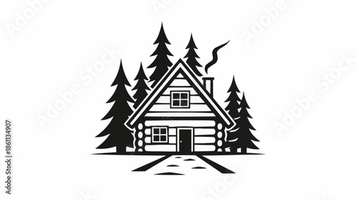 Rustic log cabin nestled among tall pine trees with smoke rising from chimney.