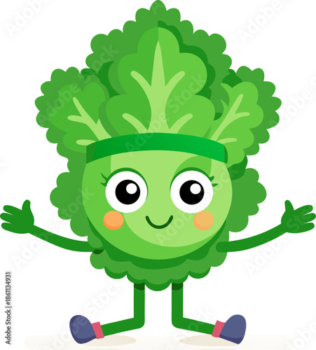 Cute kale mascot doing yoga or workout white background