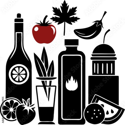 Bloody Mary Ingredients Set – tomato, vodka bottle, lemon, celery, Worcestershire sauce, hot sauce, and pepper shaker arranged neatly. silhouette vector icon , black and white , white