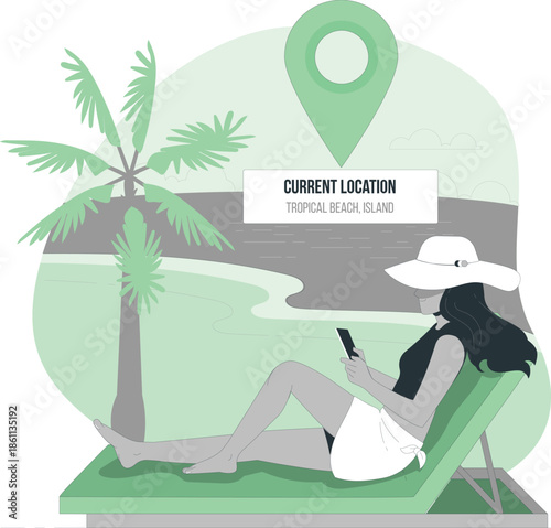 Woman Relaxing on a Tropical Beach Island with a Mobile Device
