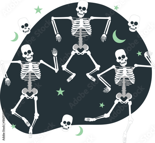 Skeletons dancing together under the stars and moonlight in a whimsical illustration