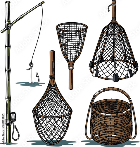 Traditional Fishing Gear Vector Set