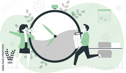 Man and woman working together to move a giant clock in a modern office environment from a dynamic perspective