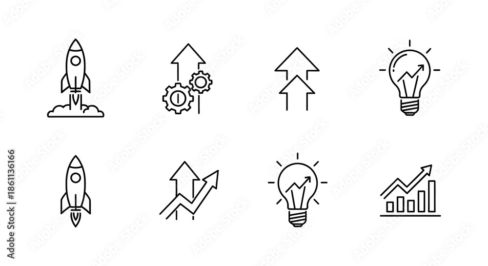 Fototapeta premium Linear icons depicting innovation growth ideas and success presented as a striking silhouette