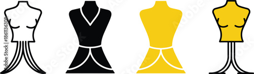 Four stylized mannequin torsos in black and yellow