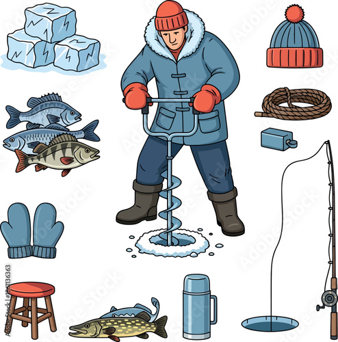 Ice Fishing Vector Illustration Set