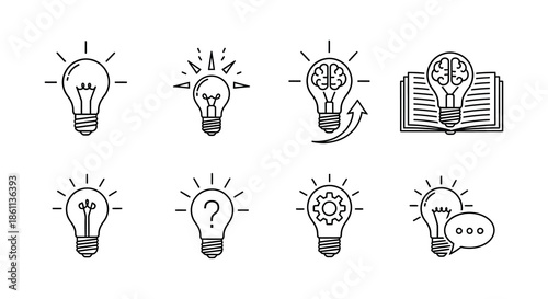 A series of lightbulb and open book icons representing ideas and learning silhouette