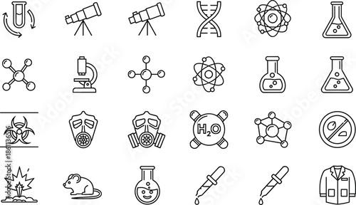 Complete set of laboratory research and science line icons featuring test tubes telescopes DNA structures molecules gas masks and chemical experiment symbols