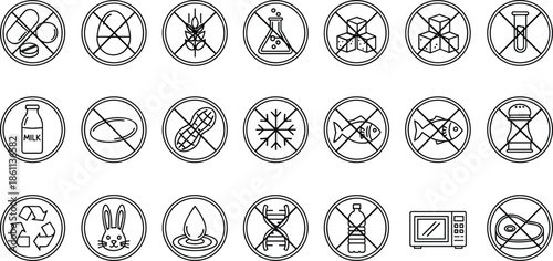Complete allergen free and food safety line icon set featuring labels for gluten free dairy free sugar free non GMO and organic product packaging symbols