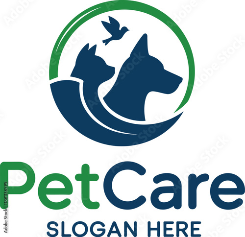 Dog cat bird with green circle and text Pet Care animal
