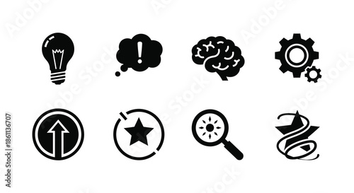 A collection of black icons representing ideas thoughts innovation and problem solving silhouette