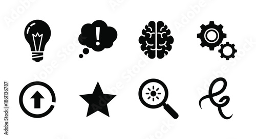 Conceptual icons representing ideas thought processes innovation and creativity in black silhouette