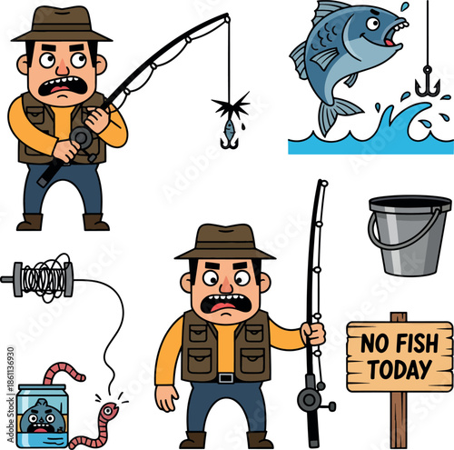 Funny Unlucky Fisherman Vector Set